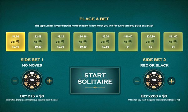 Casino Solitaire spel openingsscherm met inzet mogelijkheden en side bets